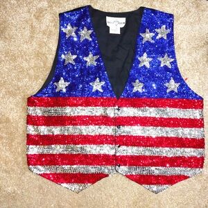 Vintage Bali Chic Sequined American Flag Vest Red, White And Blue Patriotic